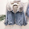 Women's Plush-Lined Denim Jacket with faux fur-Trimmed Hood and Chest
