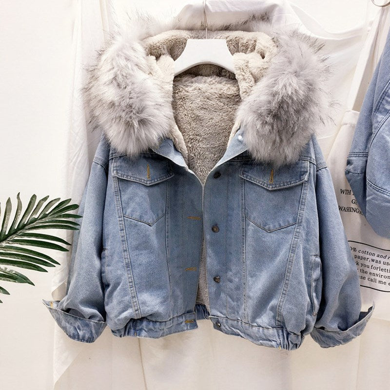 Women's Plush-Lined Denim Jacket with faux fur-Trimmed Hood and Chest