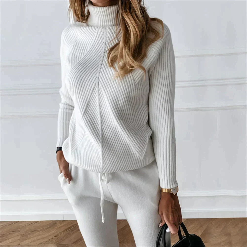 Women's Ribbed Turtleneck Knitted Two-Piece Set
