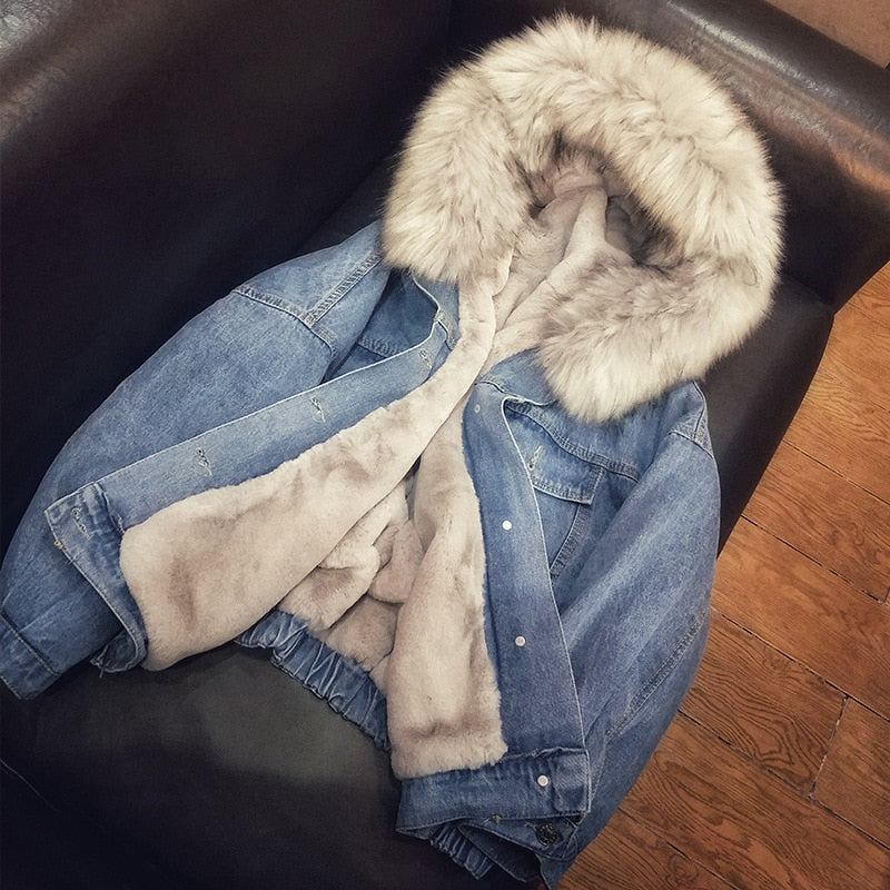Women's Plush-Lined Denim Jacket with faux fur-Trimmed Hood and Chest