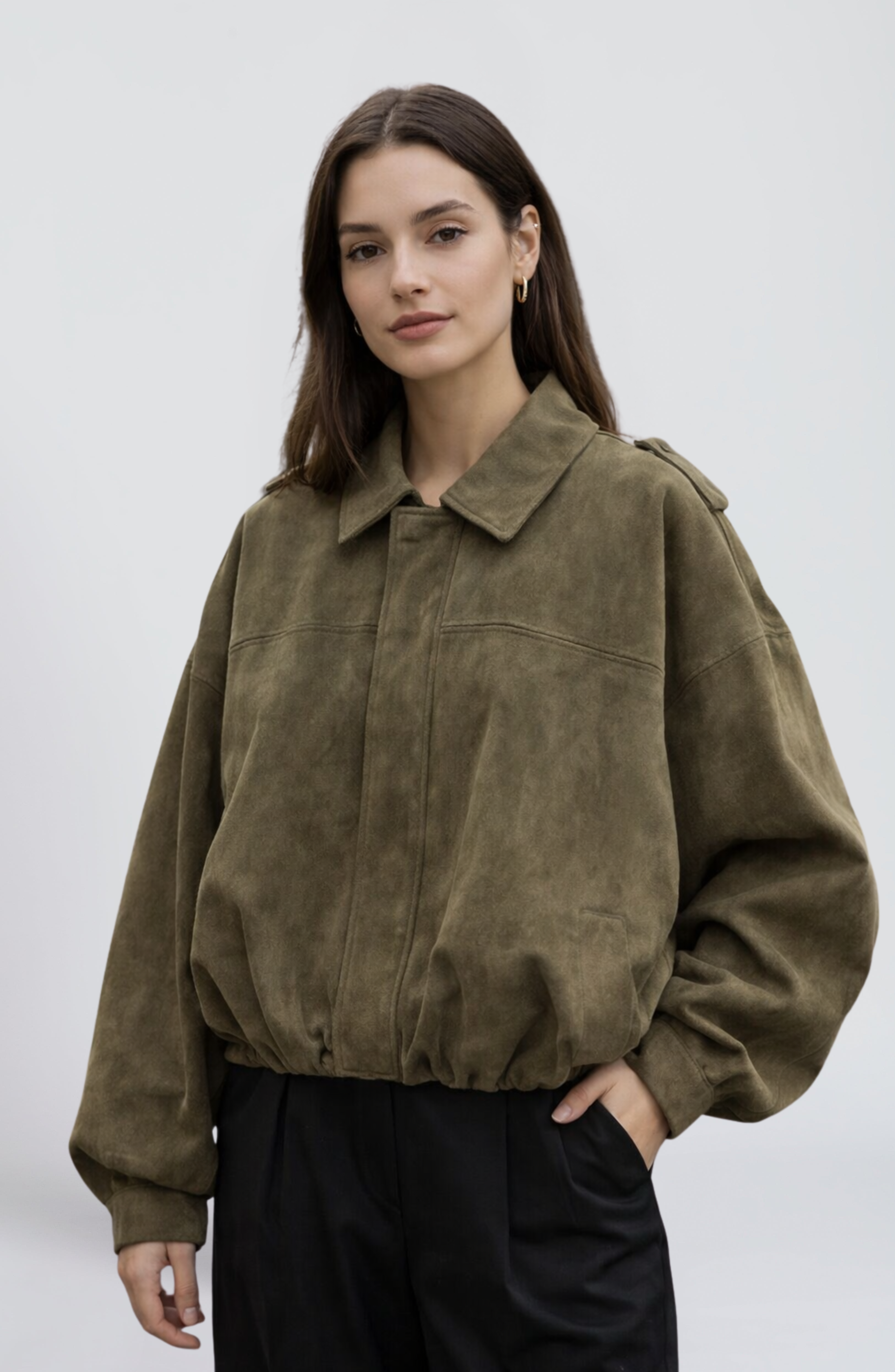 Camel Suede Cropped Bomber Jacket – Luxury Racing Coat | Meave & Ivy