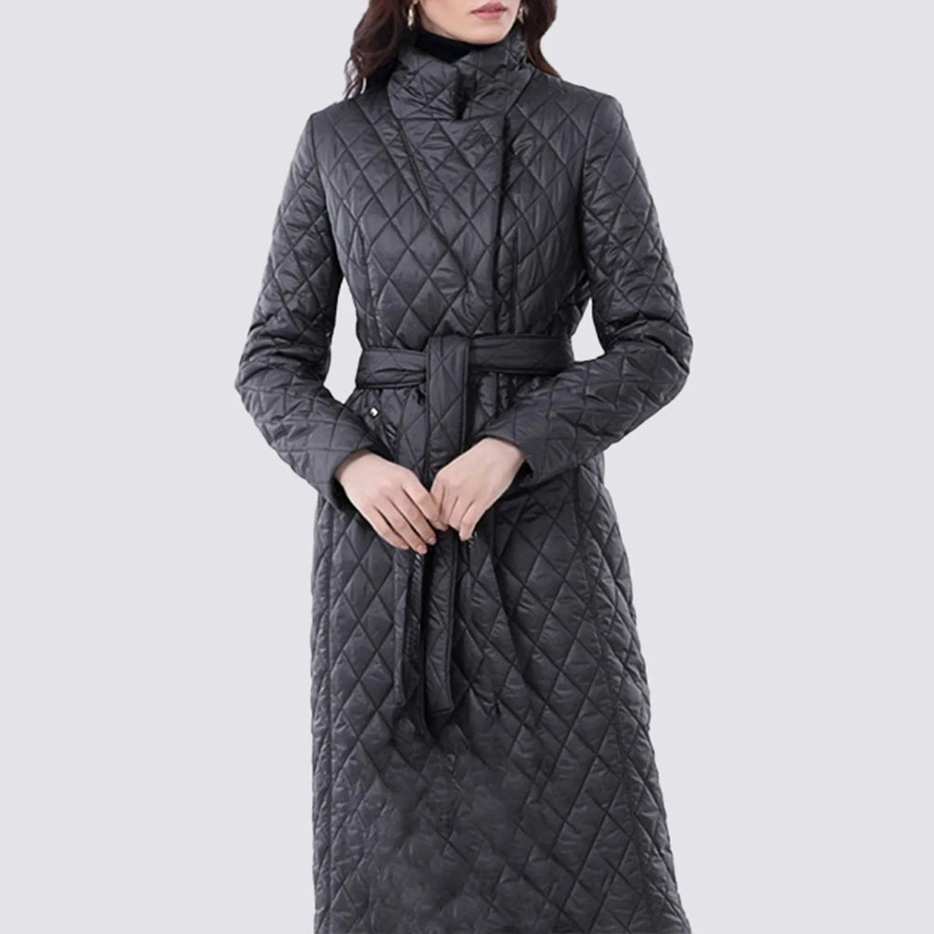 Long Quilted Coat with Waist Belt and High Collar