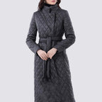 Long Quilted Coat with Waist Belt and High Collar
