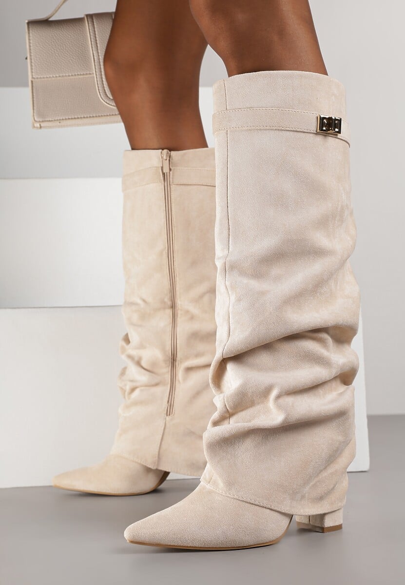 Slouch Boots with Low Heel & Pointed Toe – Women's Ruched Boots