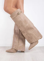 Knee High Boots with Pointed Toe & Straight Shaft – Suede & Leather