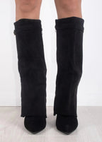 Knee High Boots with Pointed Toe & Straight Shaft – Suede & Leather