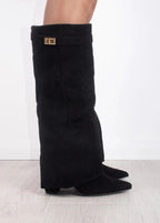 Knee High Boots with Pointed Toe & Straight Shaft – Suede & Leather