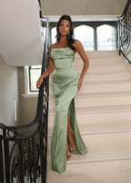Satin Gown with Folded Neckline and Thigh Split