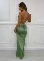 Satin Gown with Folded Neckline and Thigh Split