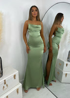 Satin Gown with Folded Neckline and Thigh Split
