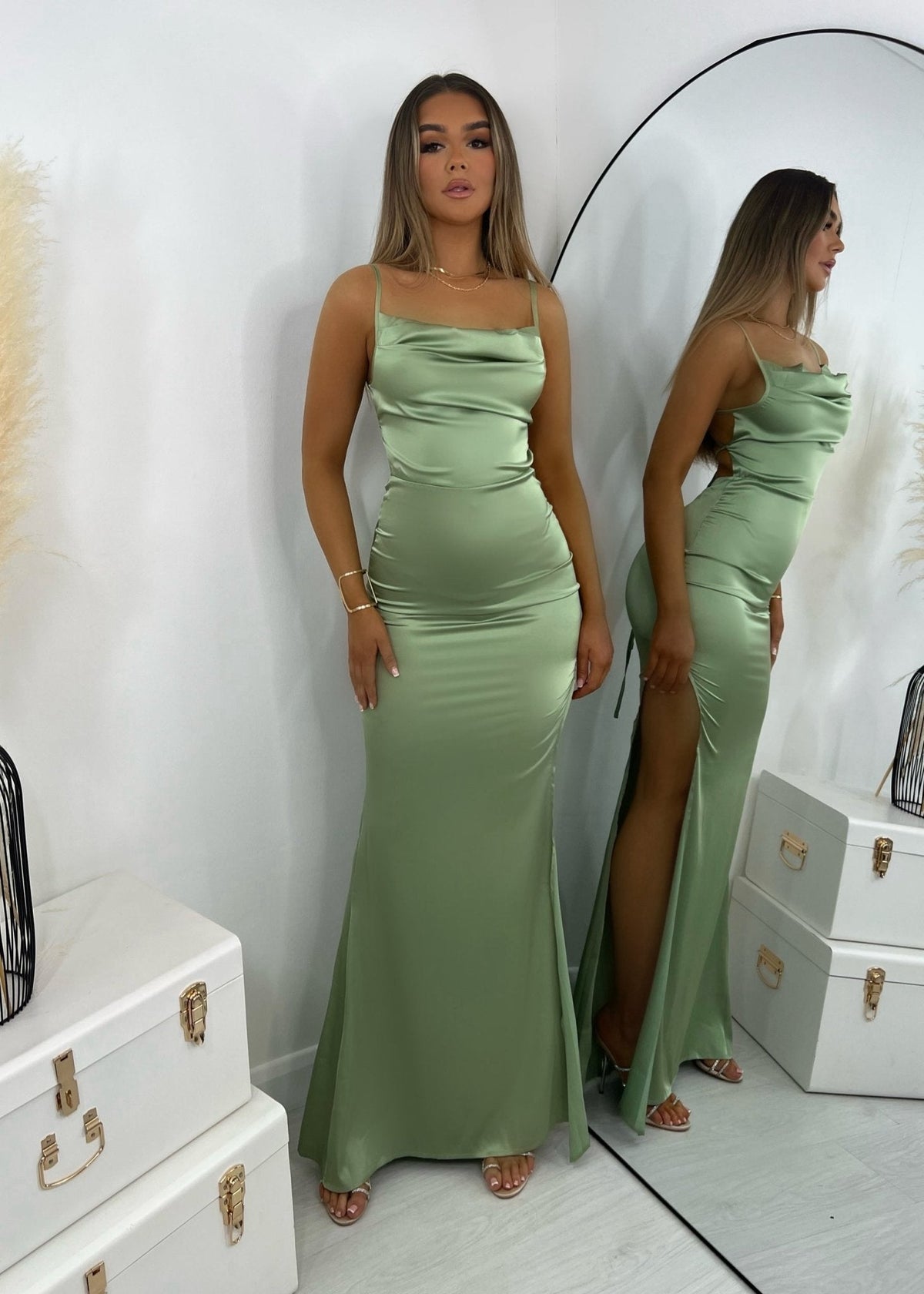 Satin Gown with Folded Neckline and Thigh Split