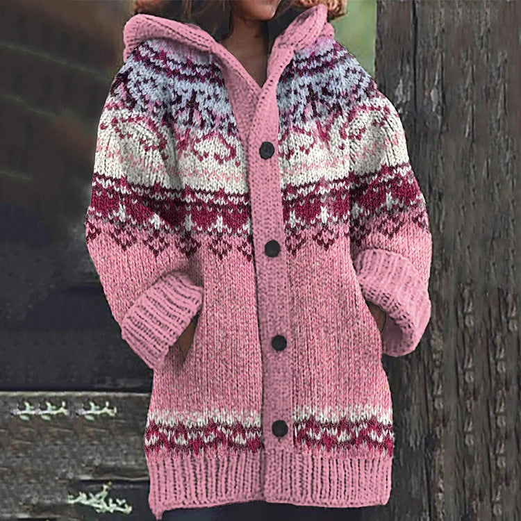 Women's Fair Isle Knitted Cardigan with Drawstring Hood and Button Front