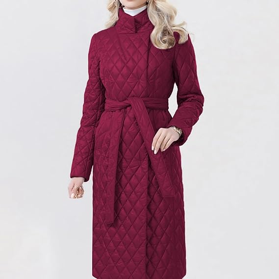Long Quilted Coat with Waist Belt and High Collar