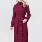 Long Quilted Coat with Waist Belt and High Collar