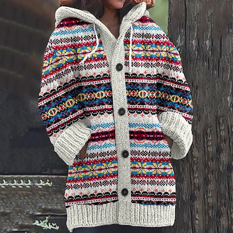 Women's Fair Isle Knitted Cardigan with Drawstring Hood and Button Front