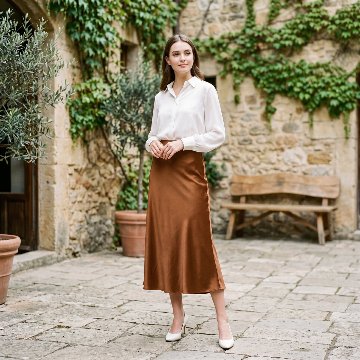 Elastic Waist Midi Skirt