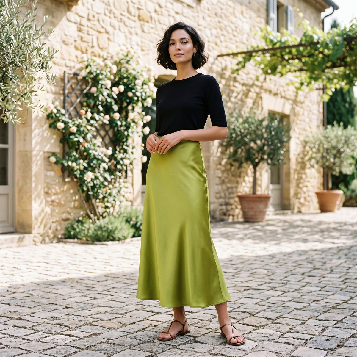 Elastic Waist Midi Skirt