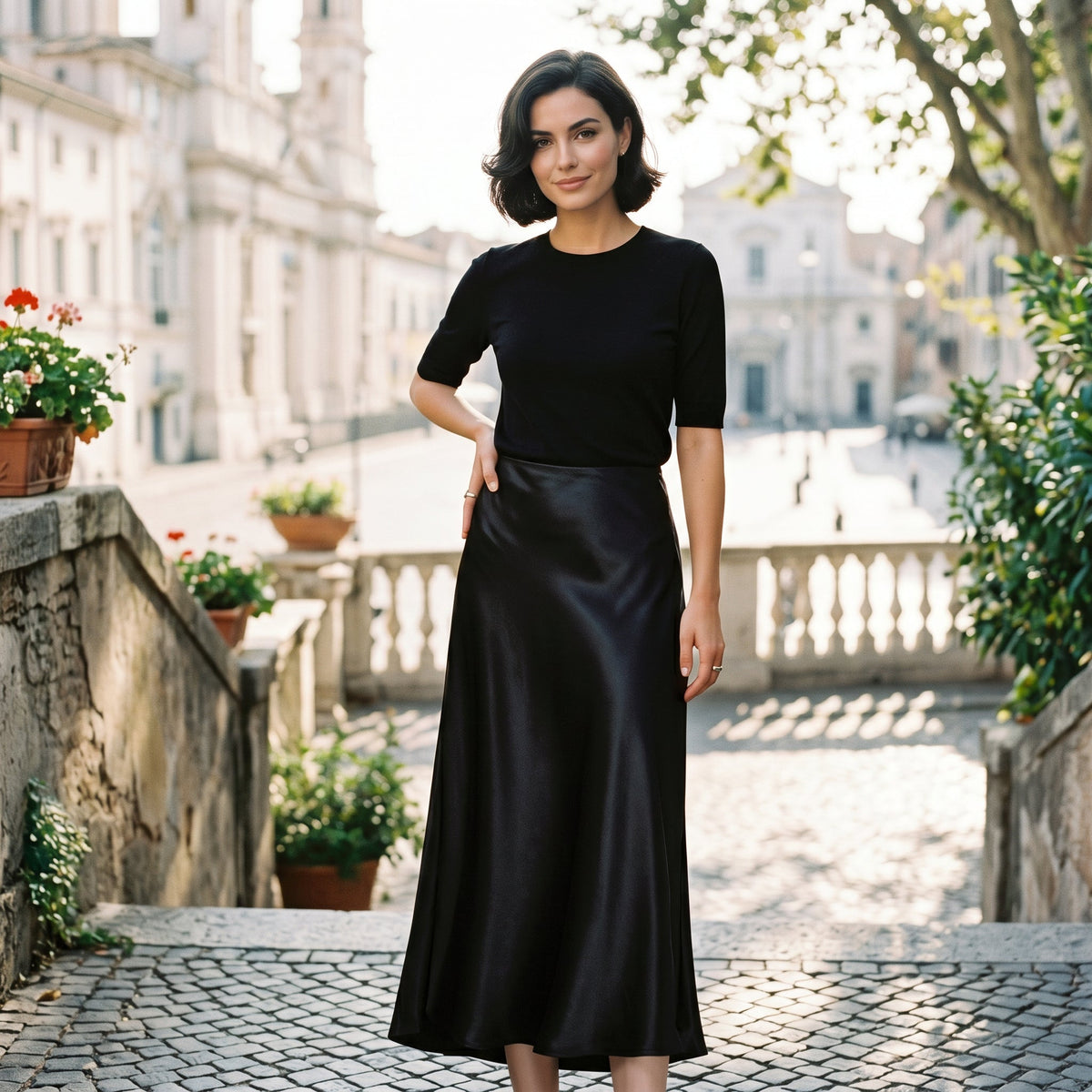 Elastic Waist Midi Skirt