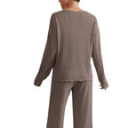 Ribbed Knit Two-Piece Set – V-Neck Top and Trousers