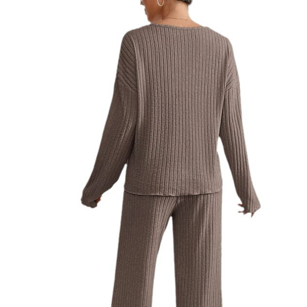 Ribbed Knit Two-Piece Set – V-Neck Top and Trousers
