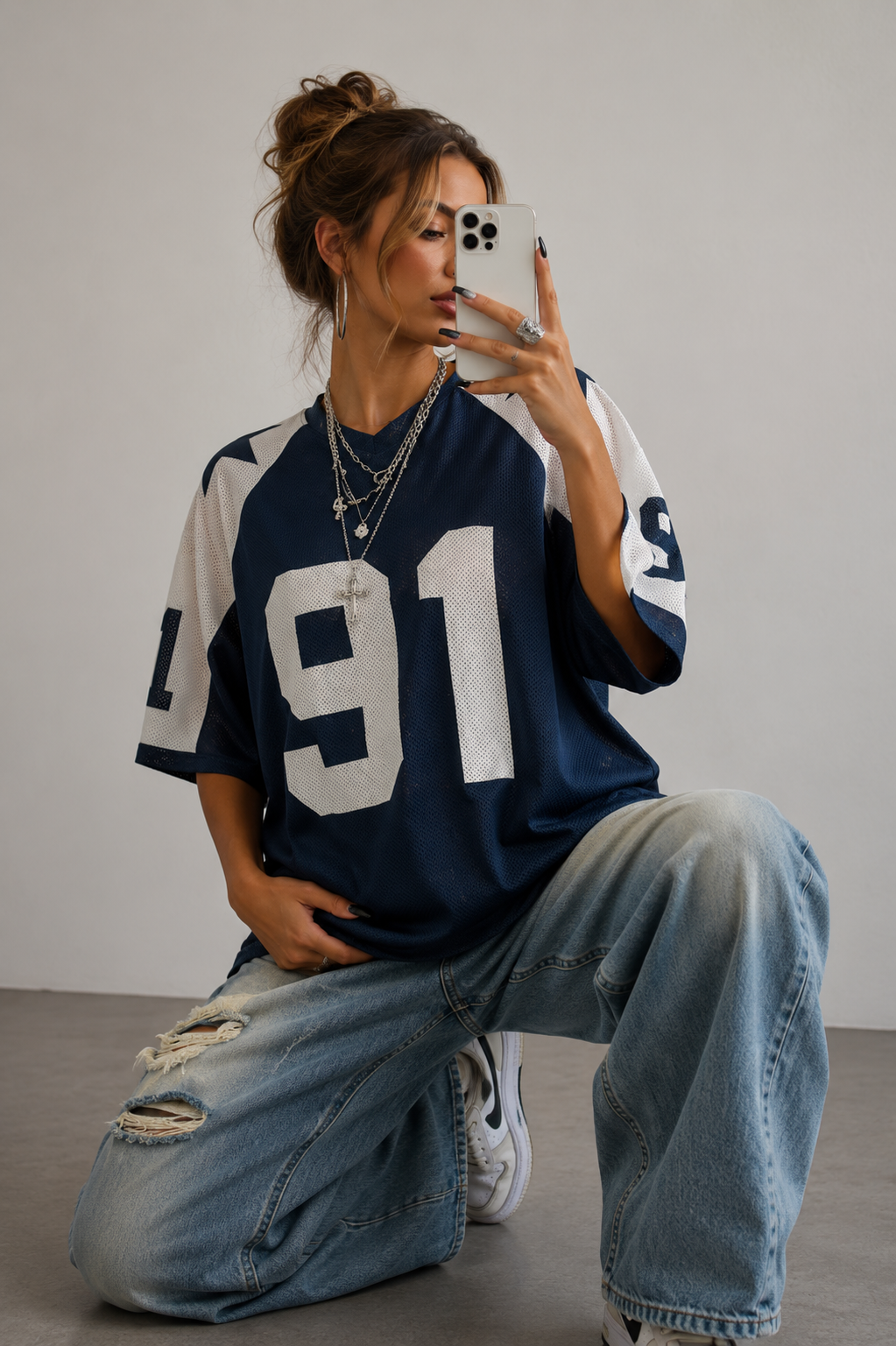 Navy Oversized Football Jersey Top – Women's Varsity Number Print T-Shirt