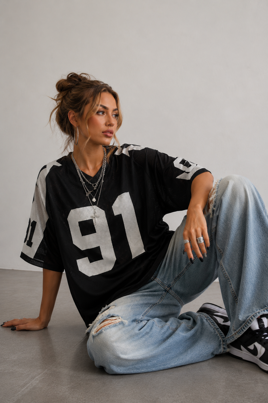 Navy Oversized Football Jersey Top – Women's Varsity Number Print T-Shirt