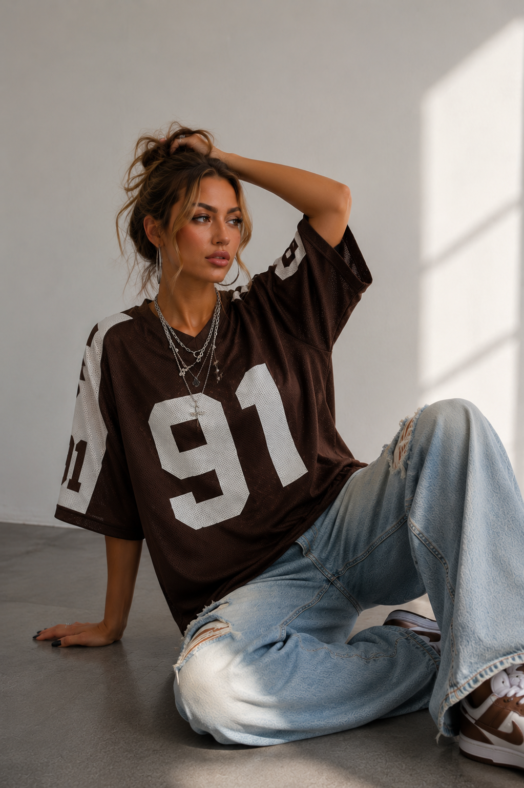 Navy Oversized Football Jersey Top – Women's Varsity Number Print T-Shirt