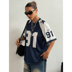 Navy Oversized Football Jersey Top – Women's Varsity Number Print T-Shirt