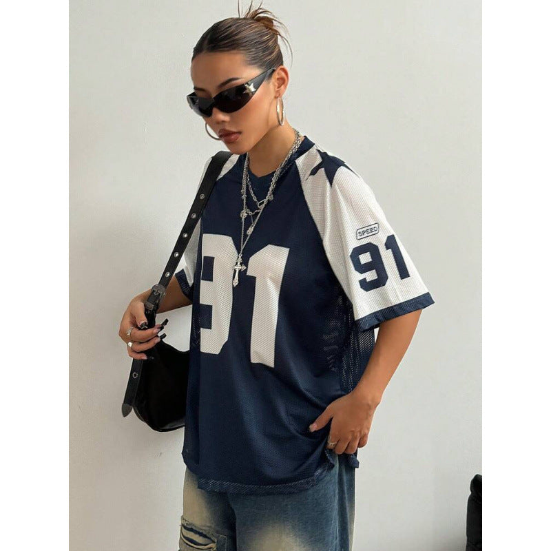 Navy Oversized Football Jersey Top – Women's Varsity Number Print T-Shirt