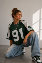 Navy Oversized Football Jersey Top – Women's Varsity Number Print T-Shirt