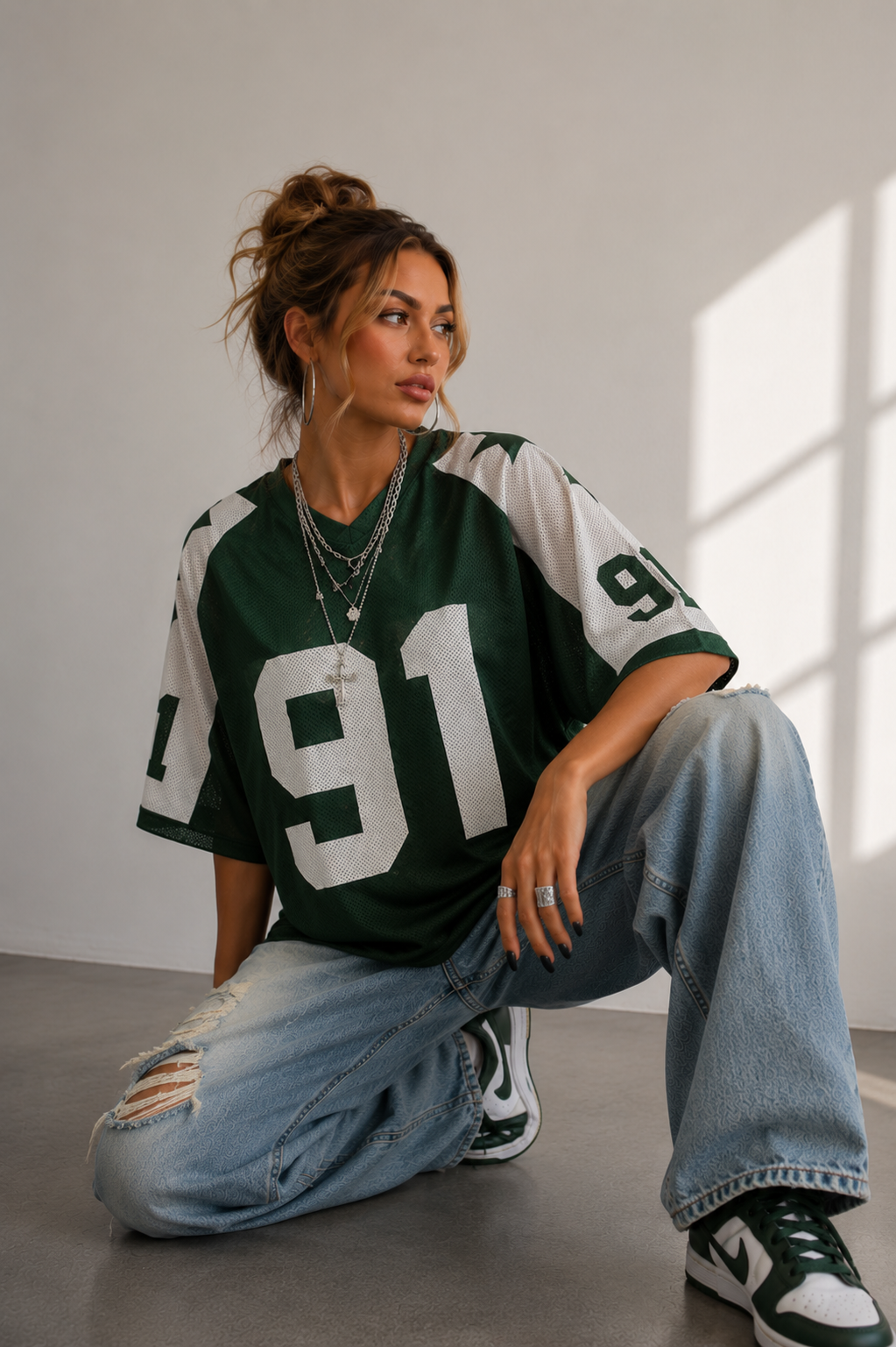 Navy Oversized Football Jersey Top – Women's Varsity Number Print T-Shirt