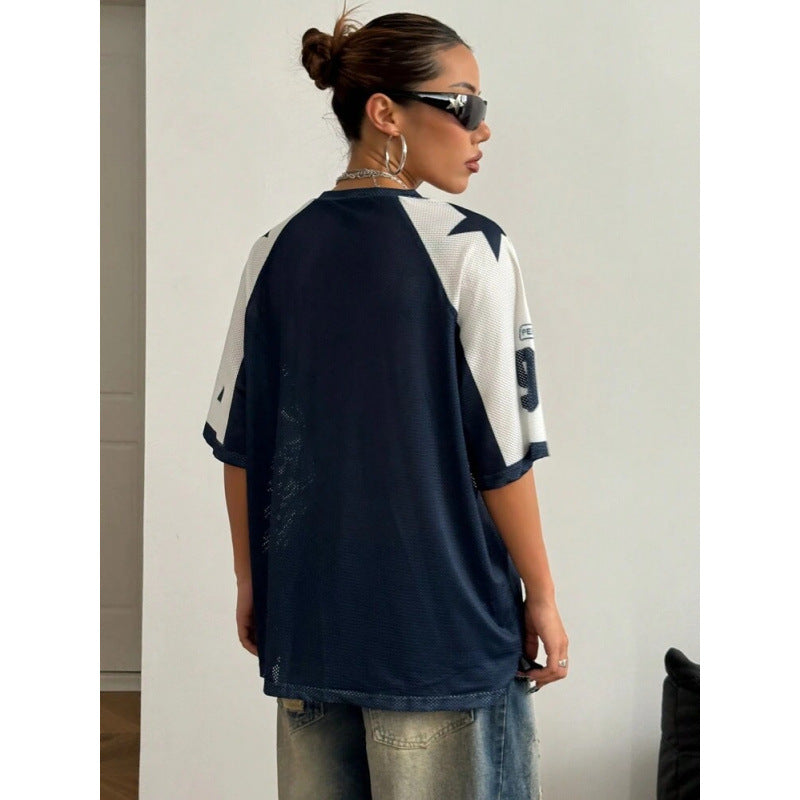 Navy Oversized Football Jersey Top – Women's Varsity Number Print T-Shirt