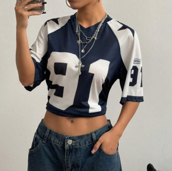 Navy Oversized Football Jersey Top – Women's Varsity Number Print T-Shirt