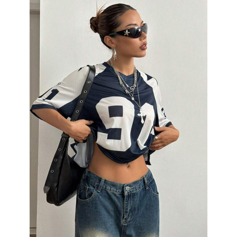 Navy Oversized Football Jersey Top – Women's Varsity Number Print T-Shirt