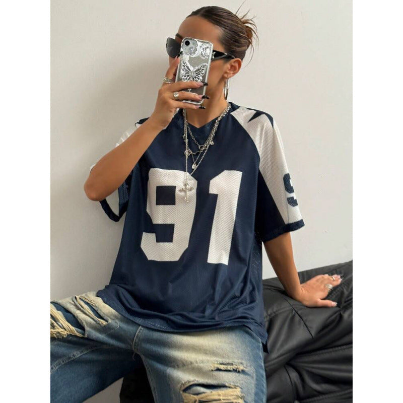 Navy Oversized Football Jersey Top – Women's Varsity Number Print T-Shirt