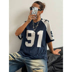 Navy Oversized Football Jersey Top – Women's Varsity Number Print T-Shirt