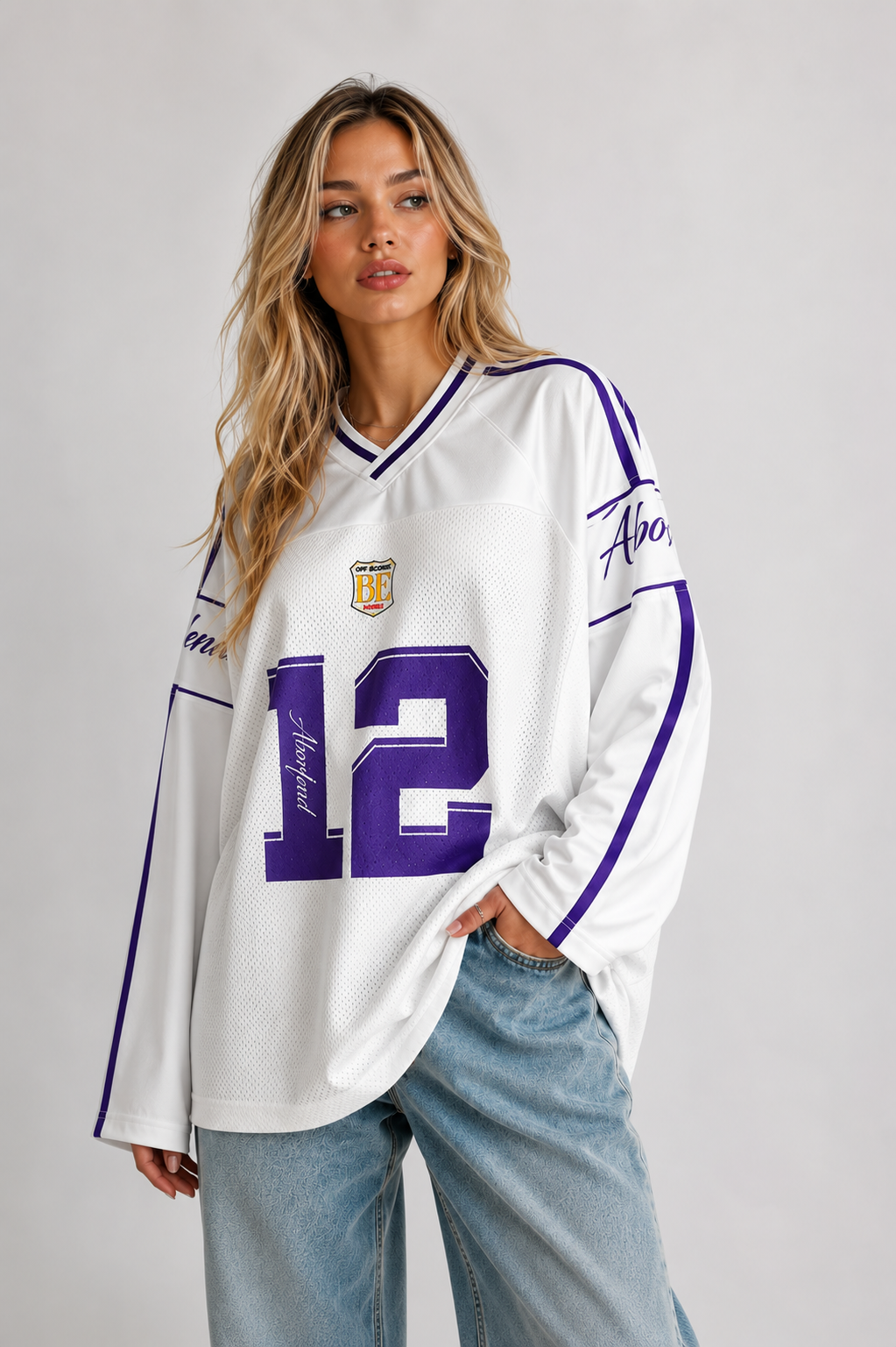 White Long Sleeve Football Jersey Top – Women's Oversized Varsity Print Top