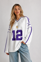 White Long Sleeve Football Jersey Top – Women's Oversized Varsity Print Top