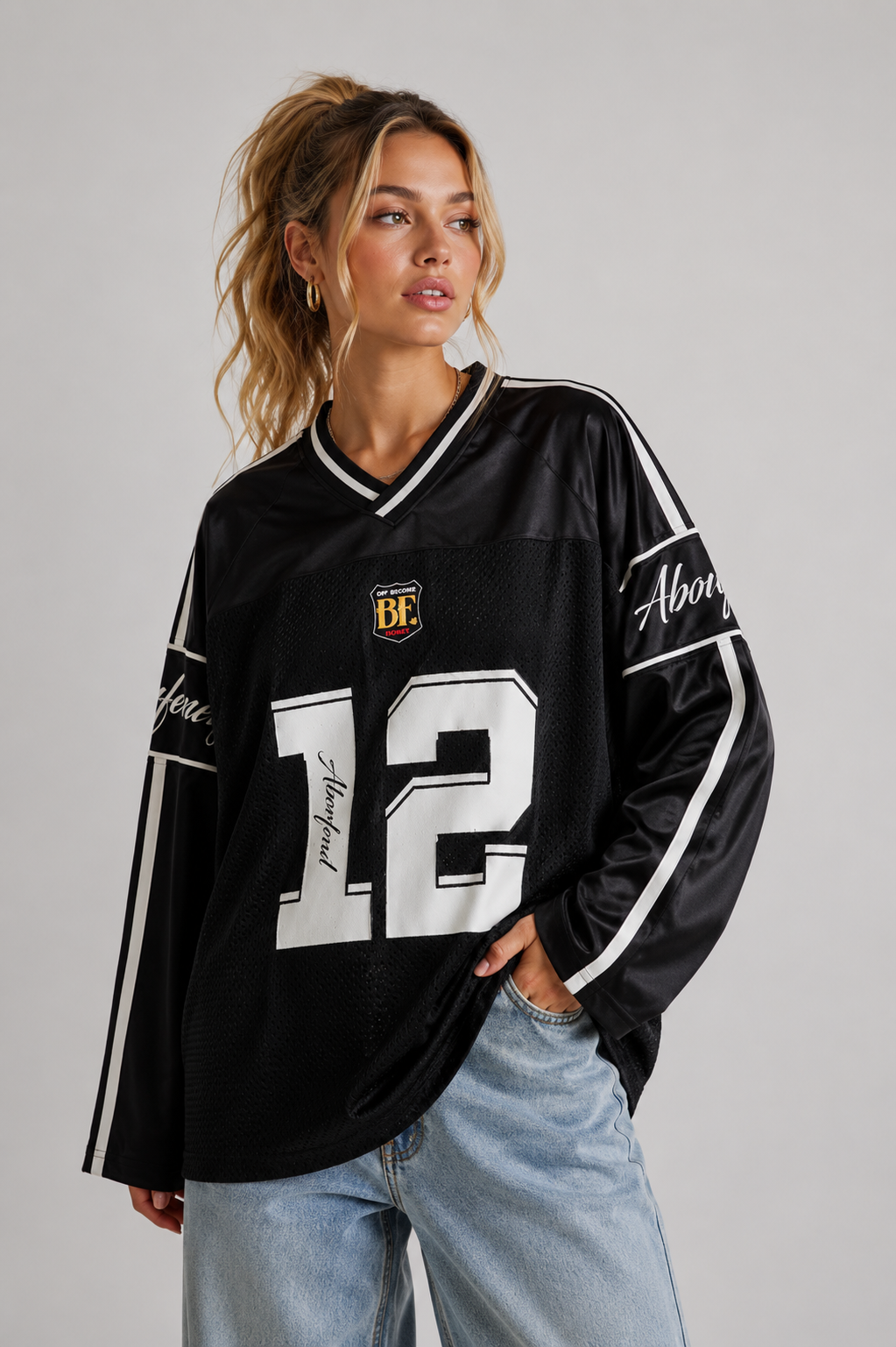 White Long Sleeve Football Jersey Top – Women's Oversized Varsity Print Top