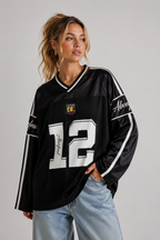 White Long Sleeve Football Jersey Top – Women's Oversized Varsity Print Top