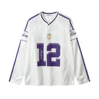 White Long Sleeve Football Jersey Top – Women's Oversized Varsity Print Top