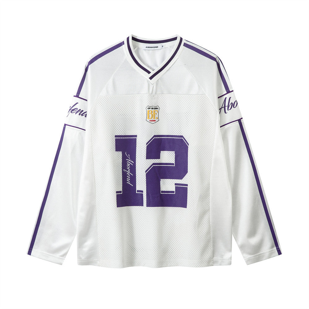 White Long Sleeve Football Jersey Top – Women's Oversized Varsity Print Top
