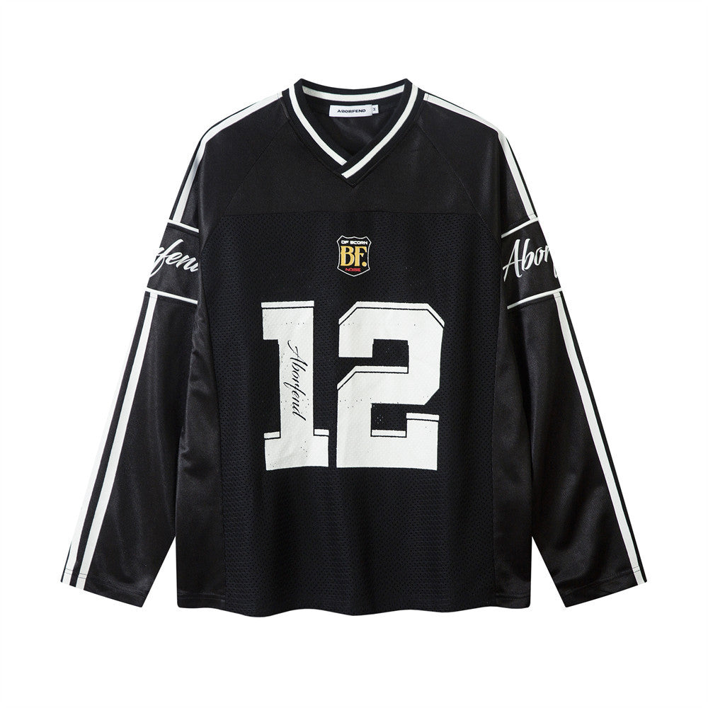 White Long Sleeve Football Jersey Top – Women's Oversized Varsity Print Top