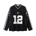 White Long Sleeve Football Jersey Top – Women's Oversized Varsity Print Top