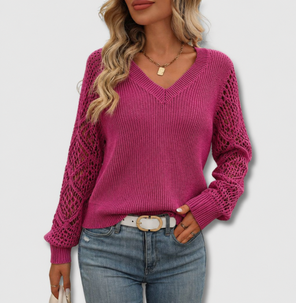 Women's V-Neck Open-Knit Sweater – Breathable Relaxed Layer