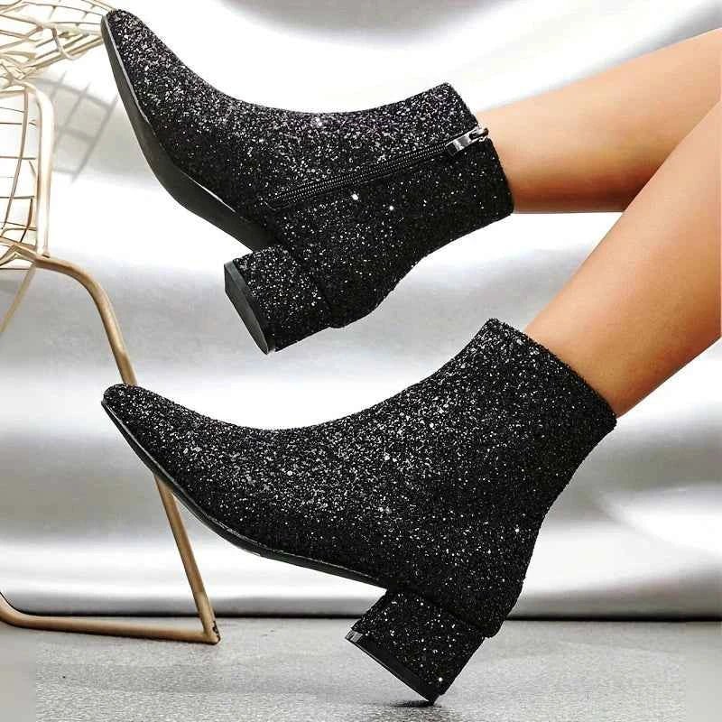 Women's Glitter Ankle Boots with Block Heels and Side Zips