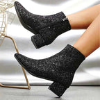 Women's Glitter Ankle Boots with Block Heels and Side Zips