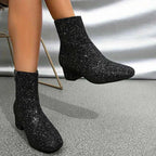 Women's Glitter Ankle Boots with Block Heels and Side Zips