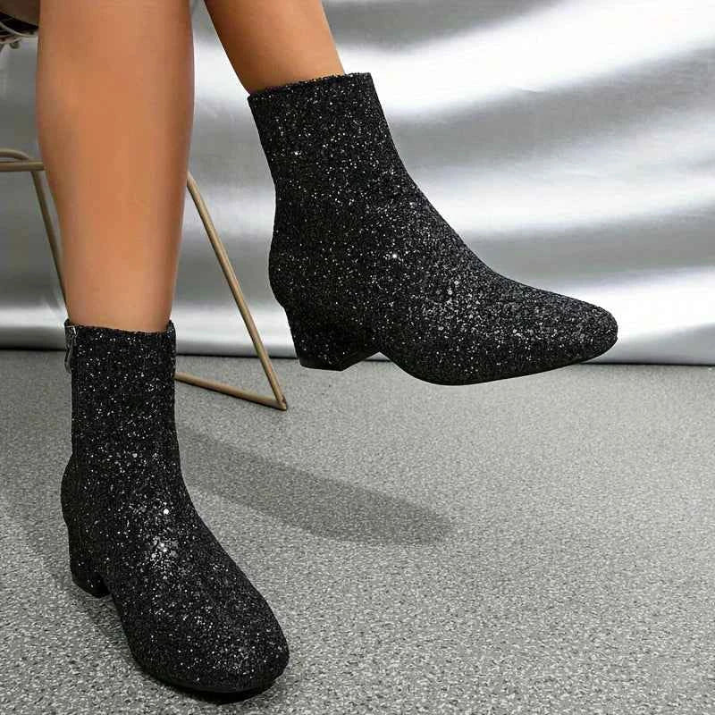 Women's Glitter Ankle Boots with Block Heels and Side Zips