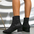 Women's Glitter Ankle Boots with Block Heels and Side Zips